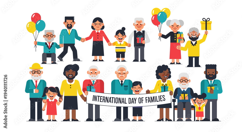 Fototapeta premium Diverse group of people celebrating International Day of Families with banners and balloons together
