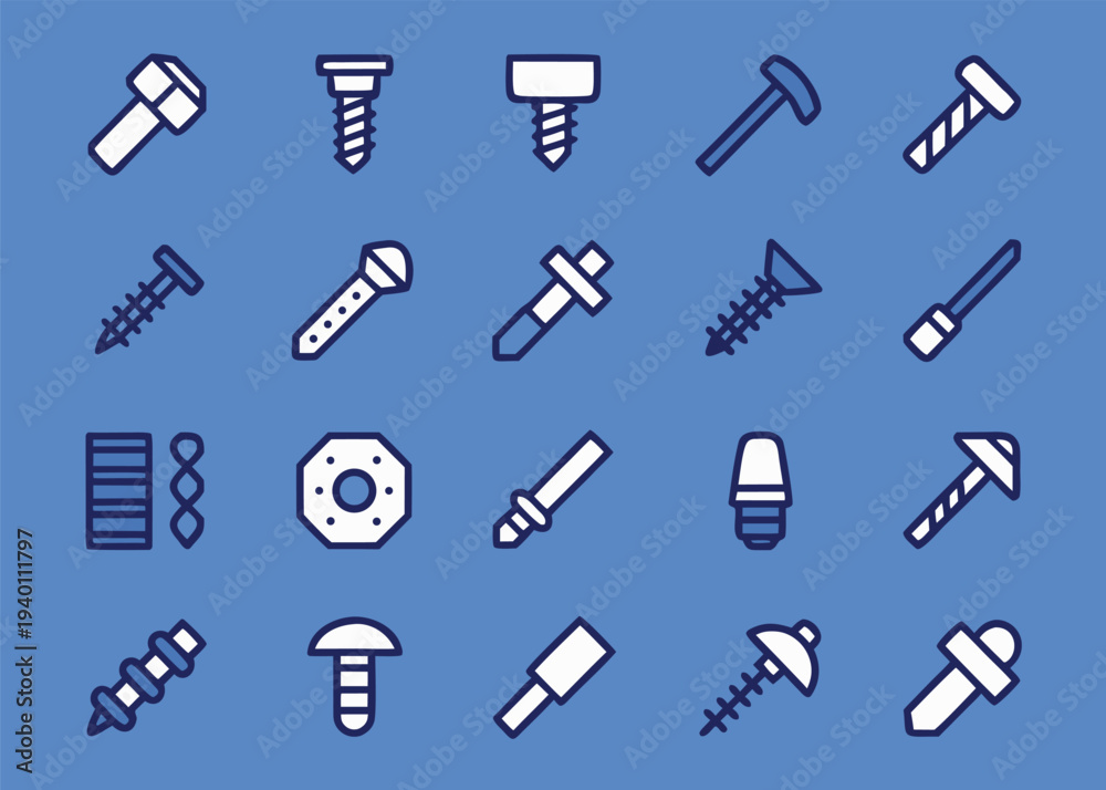 Fototapeta premium Industrial fastener icons including various screws bolts and rivets with different head shapes and thread patterns arranged on a solid blue background.