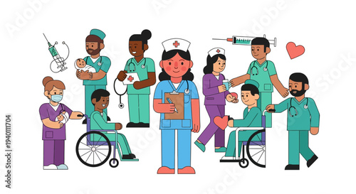 Medical professionals assisting patients in wheelchairs with care and compassion in a healthcare setting from a straightforward viewpoint
