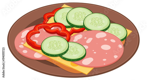 Delicious open faced sandwich with salami cheese cucumber and red pepper brown plate