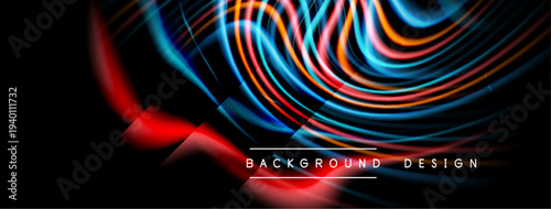 Abstract flowing lines, vibrant colors, dark background. Modern design elements create dynamic visual impact. Red, blue, orange hues dominate.
