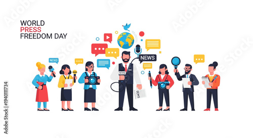 Diverse group of people celebrating World Press Freedom Day with global communication symbols and technology