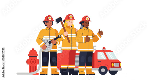 Firefighters in action with equipment and fire truck at emergency scene illustration