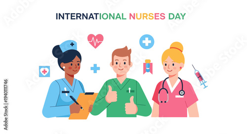 Healthcare professionals celebrating International Nurses Day with diverse medical staff and symbols of care