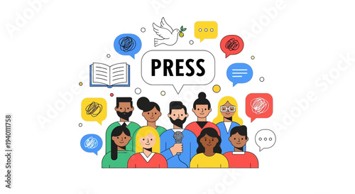 Diverse group of people interacting with media and communication symbols around the word PRESS in a digital illustration