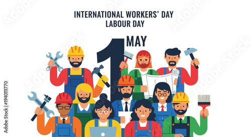 Diverse group of workers celebrating International Workers' Day on May 1st with tools and labor attire