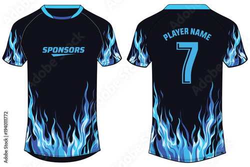 Blue Flame Pattern Raglan Sleeve Sports Jersey Round Neck T-Shirt Vector Template with Front and Back View for Football and Cricket Uniform