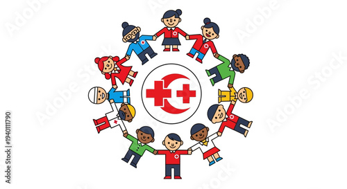 Diverse group of people holding hands in a circle around a red cross symbol, representing unity and support for humanitarian causes in an illustration