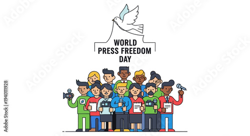 Diverse group of journalists celebrating World Press Freedom Day with banners and cameras in a lively illustration