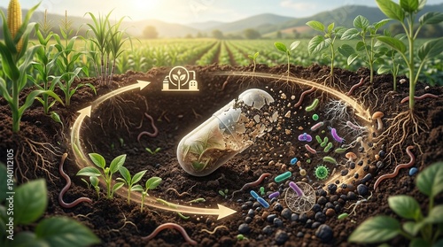 Sustainable agriculture practices fertile fields infographic natural environment aerial view soil health innovations