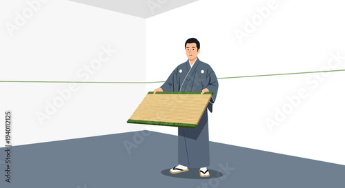 Japanese Man in Kimono Holds Tatami Mat in Minimalist Room