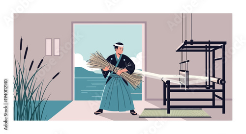 Japanese man in traditional clothing weaving with reeds and a loom