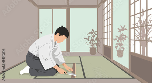 Japanese man in traditional clothing performing tea ceremony ritual on tatami mat