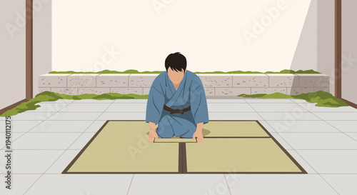 Japanese man in traditional blue kimono bowing deeply on tatami mat in a serene courtyard