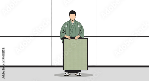 Japanese Man in Traditional Kimono Holds a Scroll in Minimalist Studio