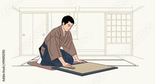 Japanese man in traditional kimono kneeling and cleaning tatami mat in a serene room