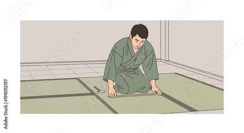 Japanese man in traditional kimono laying tatami mats on floor