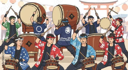 Japanese Taiko Drum Festival Performance: Energetic Drummers Play Traditional Music