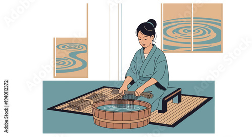 Japanese woman in kimono making washi paper by hand in traditional setting