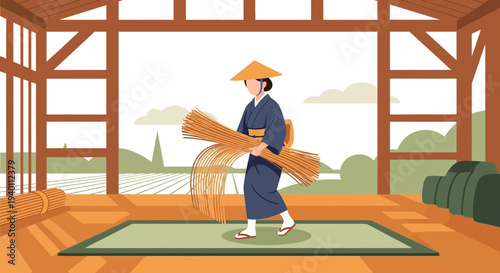 Japanese Woman in Kimono and Straw Hat Carrying Wheat Sheaves in Traditional Barn