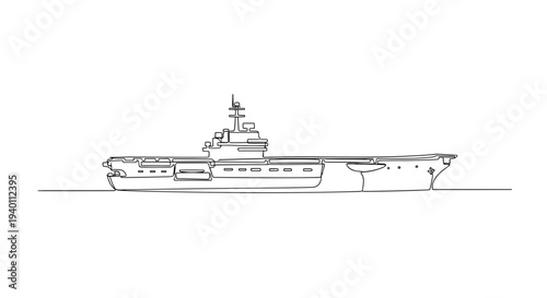 Aircraft carrier warship line art sailing on minimal white background