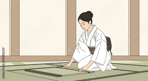 Japanese Woman in Kimono Performing Tea Ceremony Ritual on Tatami Floor