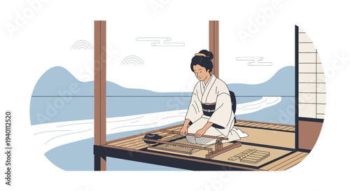 Japanese Woman Performing Traditional Tea Ceremony in Serene Setting