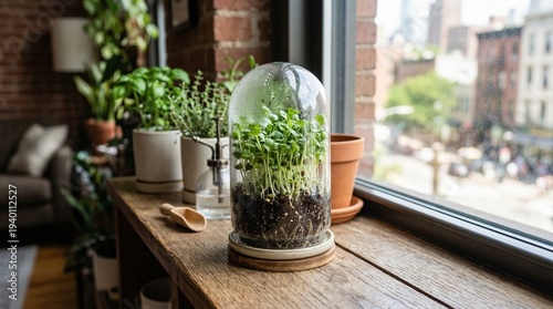 Indoor gardening action growing plants in a glass terrarium urban apartment home decor modern environment close-up view