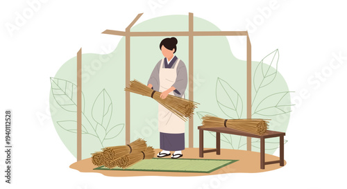 Japanese Woman Preparing Straw Bundles in Traditional Setting