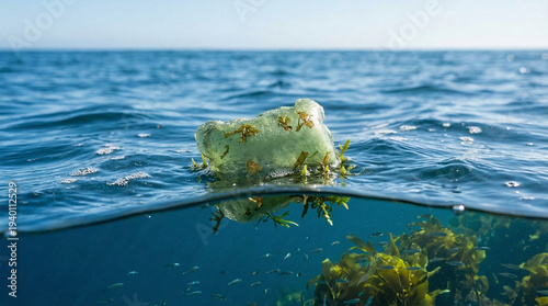Marine pollution event jellyfish and plastic waste in ocean waters natural environment underwater view environmental awareness