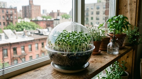 Indoor gardening growing fresh microgreens urban apartment plant care bright environment close-up view sustainable living