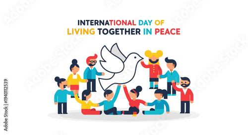 Diverse group of people together holding a dove symbolizing peace and harmony in a vibrant illustration