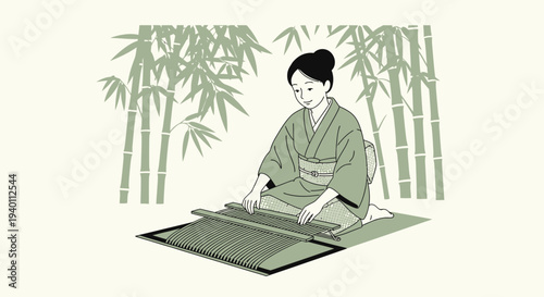 Japanese Woman Weaver Working on Traditional Bamboo Loom in Serene Bamboo Forest