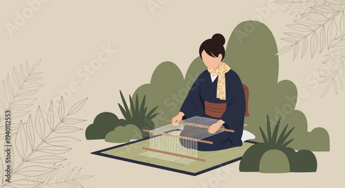 Japanese woman weaving fabric on a loom in a traditional setting with plants.