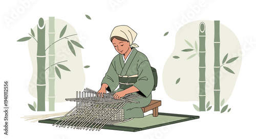 Japanese woman weaving bamboo on a loom, traditional craft, serene atmosphere