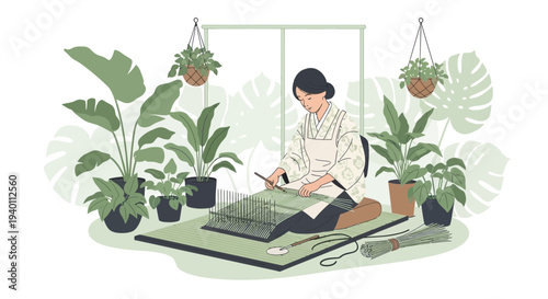 Japanese Woman Weaving in a Lush Indoor Garden
