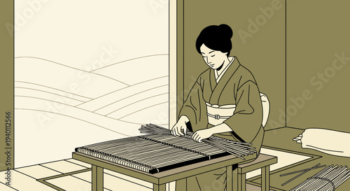 Japanese Woman Weaving Silk Fabric on Traditional Loom in a Serene Room