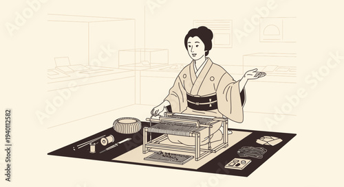 Japanese Woman Weaving Silk on Traditional Loom in Kimono