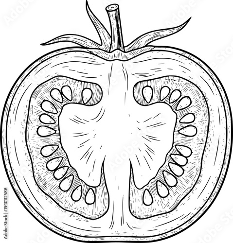 Detailed black and white line of a tomato slice showing seeds and internal structure