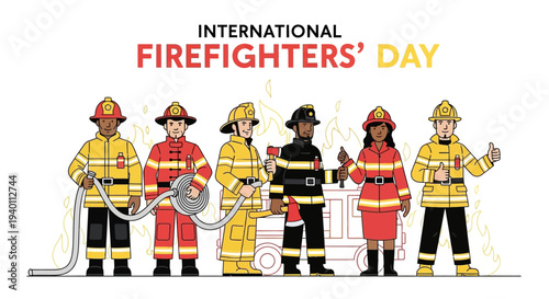 Firefighters standing together on International Firefighters' Day, diverse group in uniform, vector illustration
