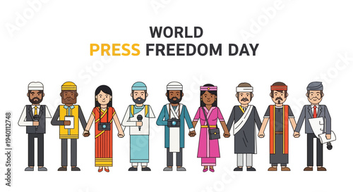 Diverse journalists celebrating World Press Freedom Day with unity and solidarity in a vibrant illustration