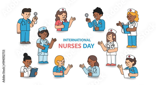 Diverse group of nurses celebrating International Nurses Day with clapping and medical tools in vector illustration