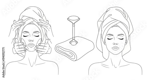 Woman Relaxing with Towel on Head and Facial Treatment.