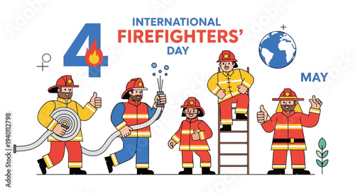 Illustration of firefighters celebrating International Firefighters' Day on May 4th with bravery and safety in a global environment