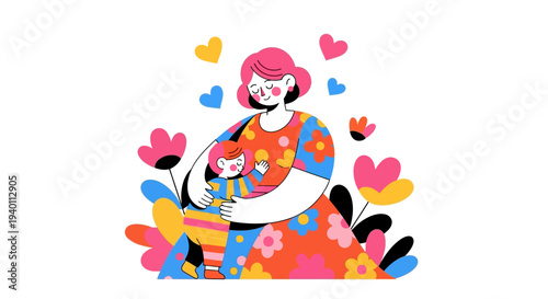Woman with vibrant hairstyle and floral dress holding a baby surrounded by hearts and flowers in a whimsical illustration