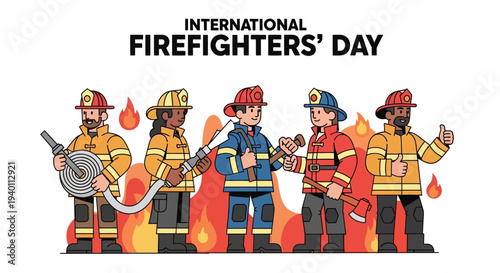 International Firefighters' Day celebration with diverse firefighters standing together in front of a burning building, vector illustration