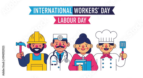 Cartoon illustration of diverse workers celebrating International Workers' Day together