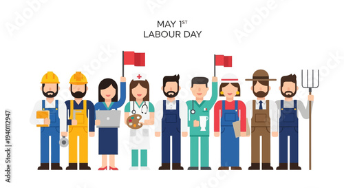 Diverse group of workers celebrating Labour Day together with flags and tools in hand