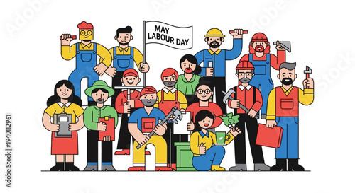 Diverse group of labourers celebrating May Labour Day together with tools and signs