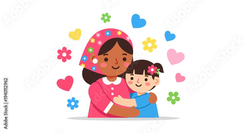 A mother with dark hair embracing her child amidst colorful hearts and flowers in a joyful illustration